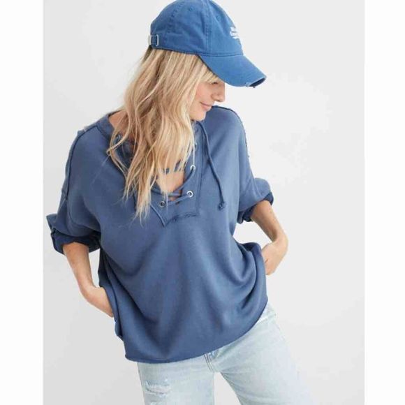 aerie Tops - Aerie Sunday Soft Lace Up Sweatshirt Blue Size Medium